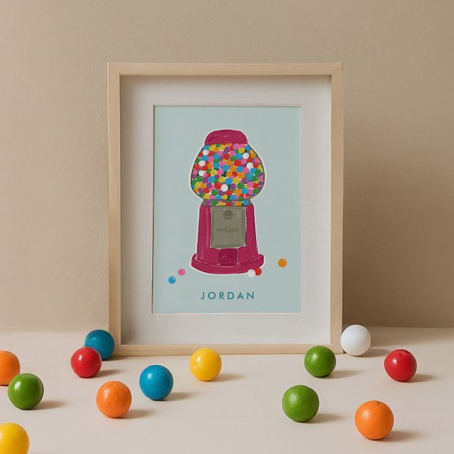 Rosa Gumball Maschine Bonbons Kaugummi Personalisi Poster (Pink retro gumball candy machine mint blue personalized kids art print.)
