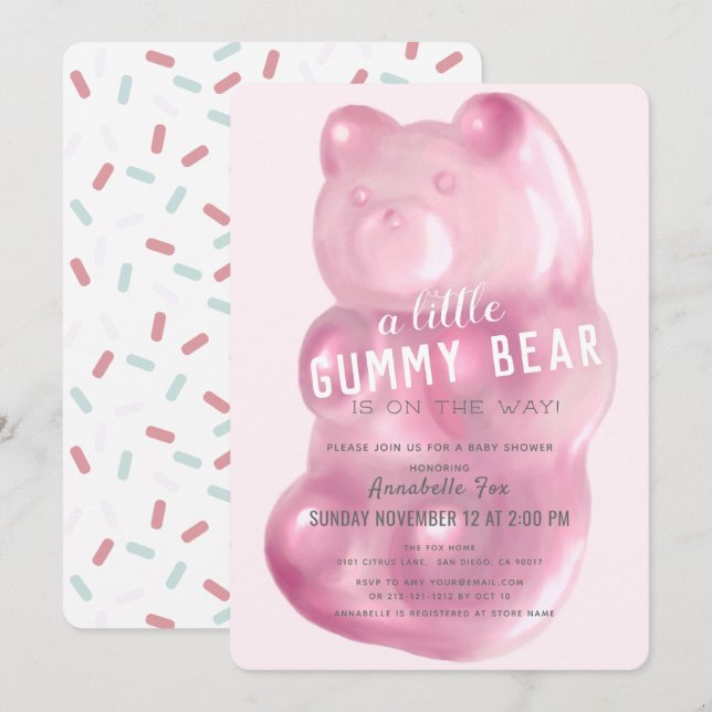 Rosa Gummy Bear GIrl Babydusche Einladung (Vorne/Hinten)