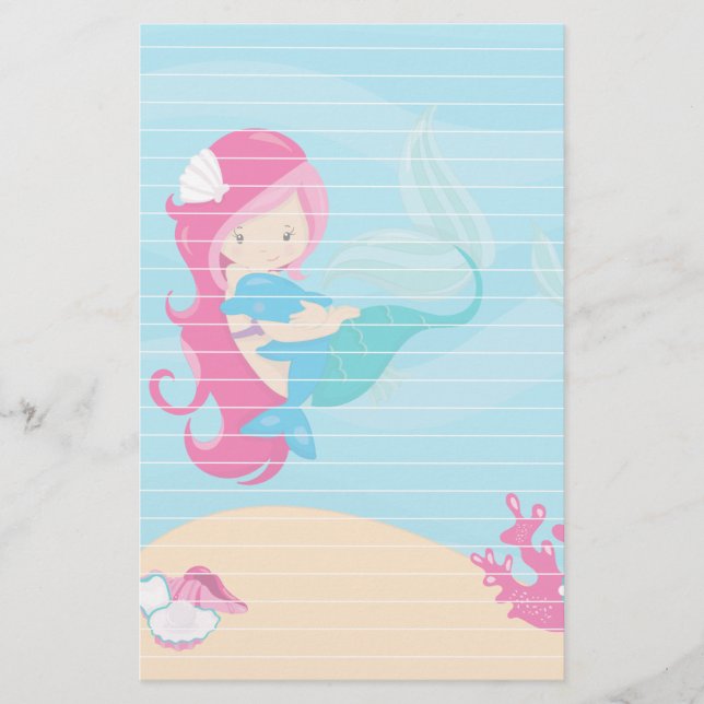 Rosa Haar Meerjungfrau mit Porpos Briefpapier (Vorderseite)