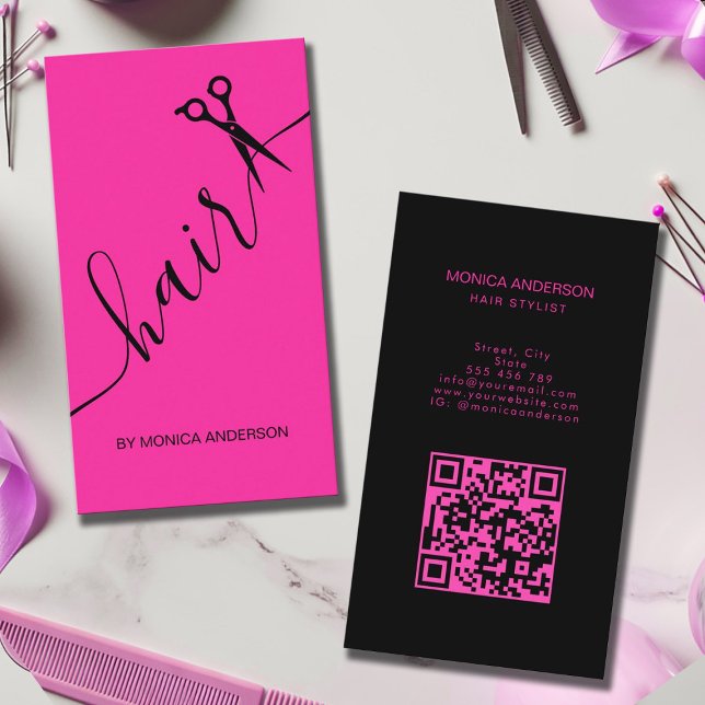 Rosa Haar Script Stylist Schere QR Code Busi Visitenkarte (Hot Pink Hair Script Stylist Scissors QR Code Busi Business Card)