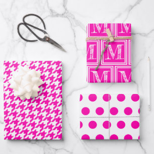 Rosa Hahnentrittmuster Monogram Polka Dot Geschenkpapier Set