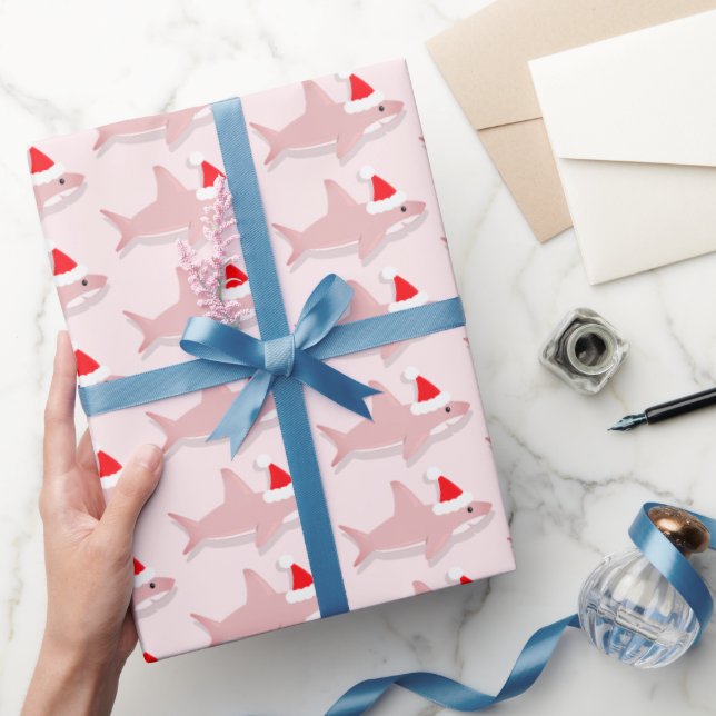 Rosa Hai in der Weihnachtsmannmütze Weihnachtsfeie Geschenkpapier (Schenken)