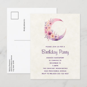 Rosa Halbmond mit Hübschen Blume zum Geburtstag Einladungspostkarte