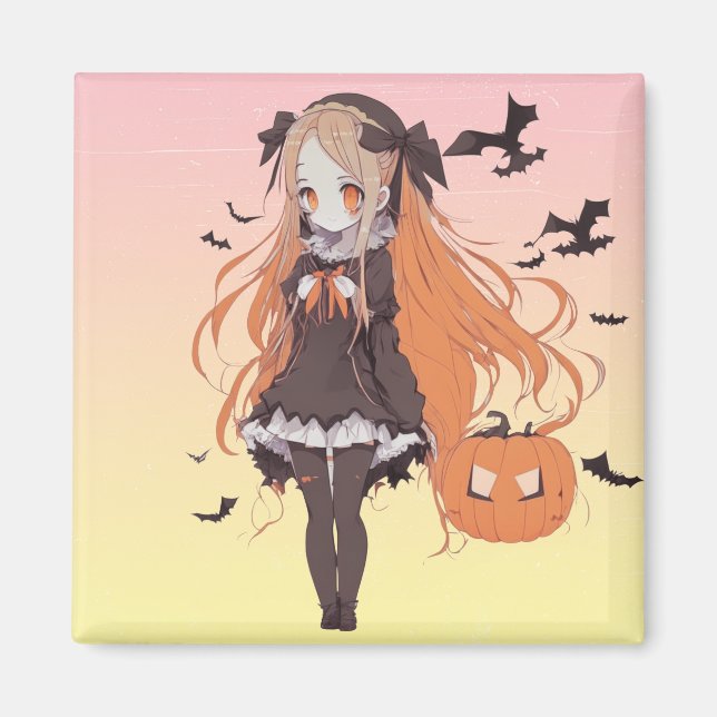 Rosa Halloween-Anime-Mädchen und -Fledermäuse Magnet (Vorne)