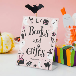 Rosa Halloween-Baby-Shower-Bücher und Geschenke  Sockelschild
