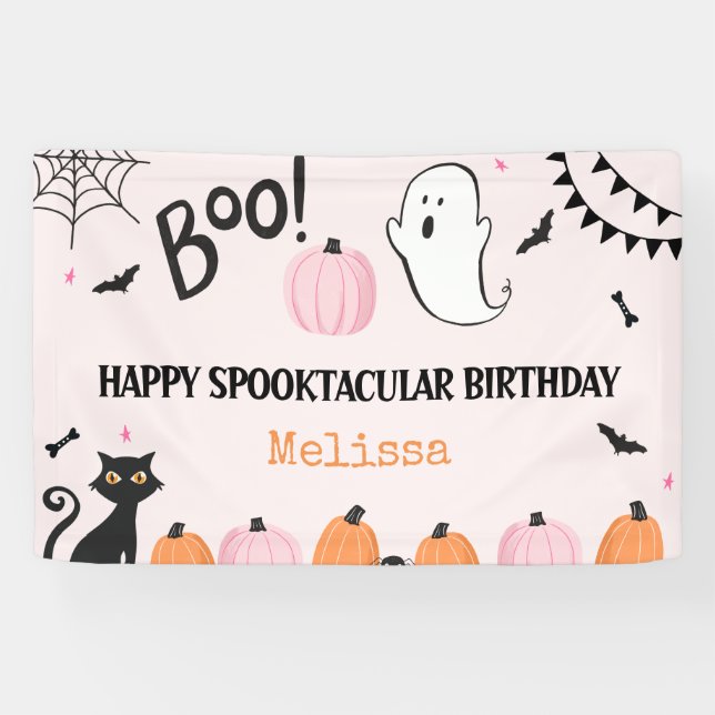 Rosa Halloween Boo Ghost Girls Happy Birthday Banner (Horizontal)