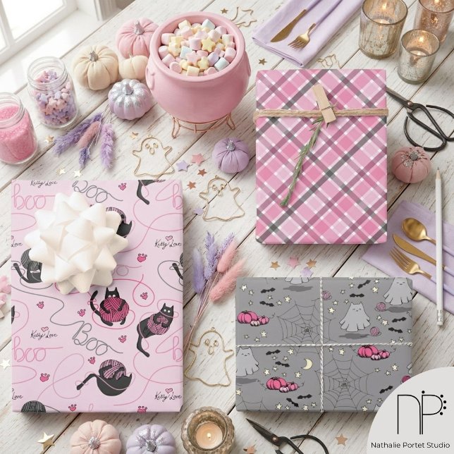 Rosa Halloween für Kinder Bootschiff Liebe Kätzche Geschenkpapier Set (Hand drawn pink Halloween kitty gift wrap featuring cat ghosts kittens and spooky cute patterns)