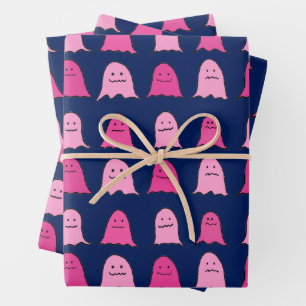 Rosa Halloween-Geister in Dark Blue Geschenkpapier Set