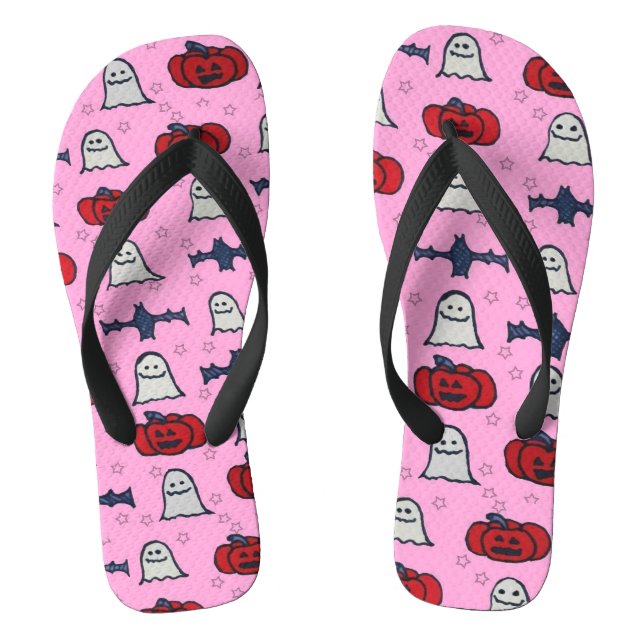 Rosa Halloween Gespenster, Fledermäuse und Kürbisl Flip Flops (Fußbett)