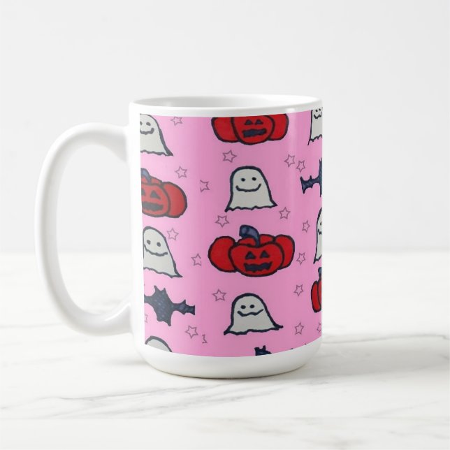 Rosa Halloween Gespenster, Fledermäuse und Kürbisl Kaffeetasse (Links)