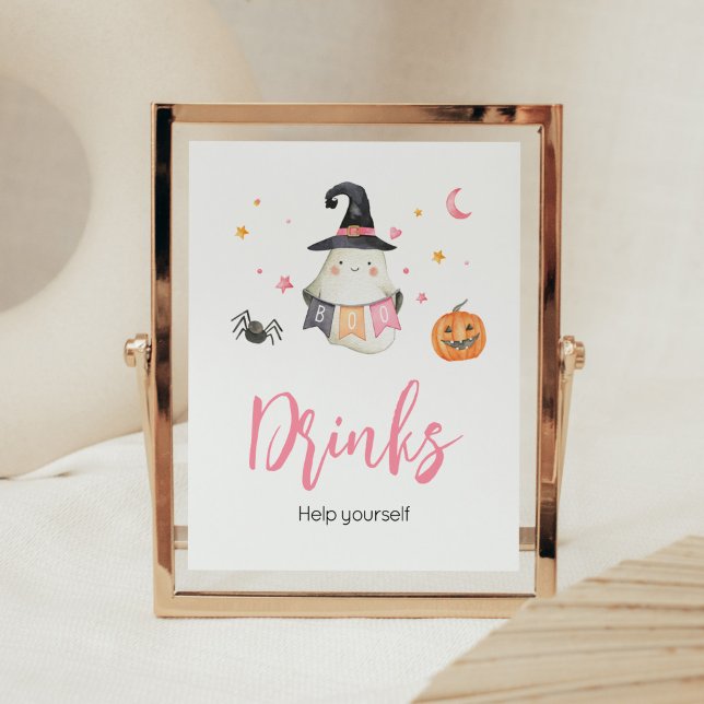 Rosa Halloween Ghost Kleine Boo Baby Duschgetränke Poster (Little Boo Baby Shower Drinks Sign)