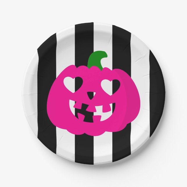 rosa Halloween-Herz-Kürbis gestreift Pappteller (Vorderseite)