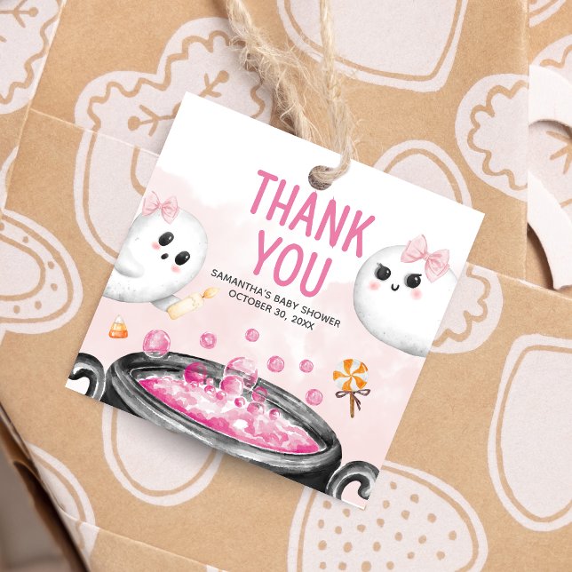 Rosa Halloween ist ein Girl Baby Shower Square Geschenkanhänger (Oh Sheet It's a Ghoul Halloween Brewing Baby Shower Square Favor Tags)
