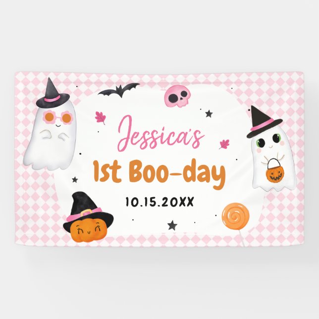 Rosa Halloween Niedlich Ghost 1. Geburtstag Banner (Horizontal)
