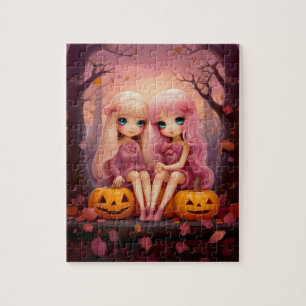 Rosa Halloween-Partnermädchen im Park Puzzle