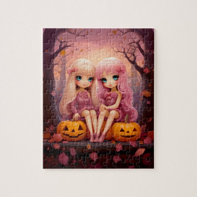 Rosa Halloween-Partnermädchen im Park Puzzle (Vertikal)