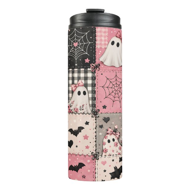 Rosa Halloween-Patchwork Thermosbecher (Vorderseite)