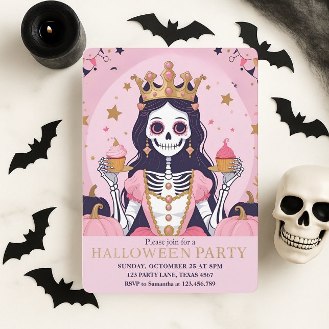 Rosa Halloween Prinzessin Skeleton Party Feiertagskarte (Von Creator hochgeladen)