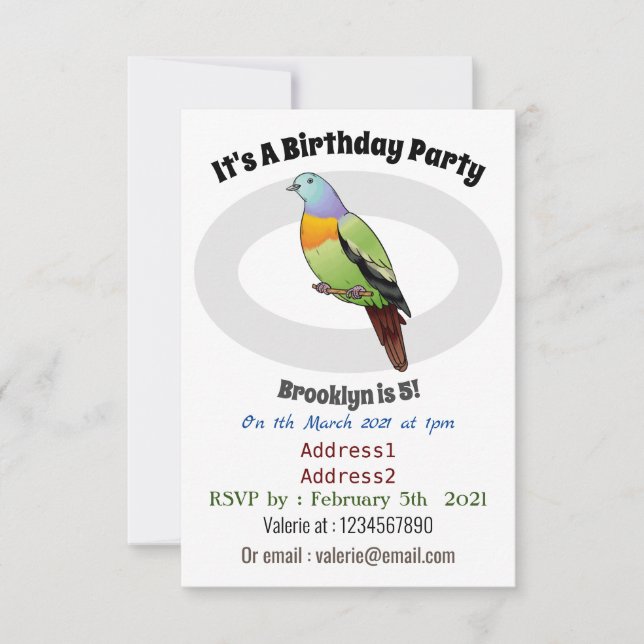 Rosa-halsige Grüntaube-Cartoon Einladung (Vorderseite)