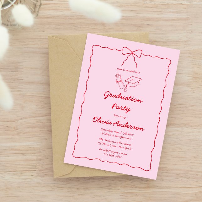 Rosa Hand Gezeichnet Bow Squiggle Graduation Party Einladung (Von Creator hochgeladen)