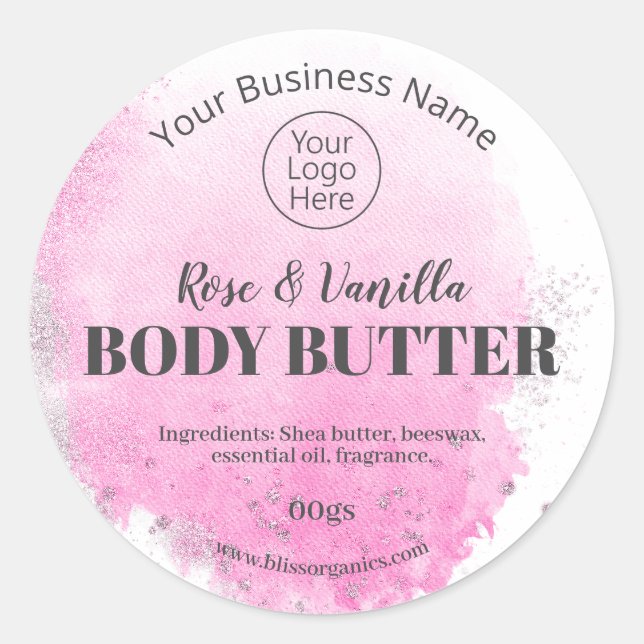 Rosa handgefertigte Body Butter Logo Runder Aufkleber (Vorderseite)