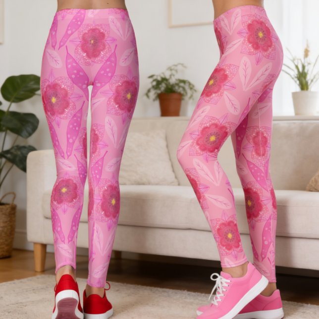 Rosa handgemalte Floral Leggings (Bright blooms and leaves dancing down your legs. A hand‑drawn style that’s all about originality.)