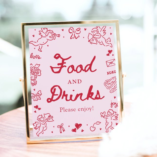 Rosa handgezeichnete moderne Valentinstag-Lebensmi Poster (Pink Hand Drawn Modern Valentine Food and Drinks Sign)