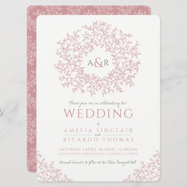 Rosa handgezeichnete Mono-Mono-Kunsthochzeit Einladung (Vorne/Hinten)