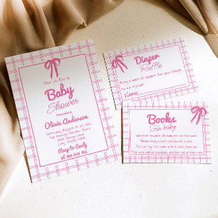 Rosa handgezeichnete Schleife Gingham Boho Mädchen Einladung