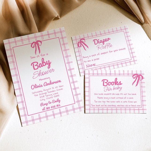 Rosa handgezeichnete Schleife Gingham Boho Mädchen Einladung (Von Creator hochgeladen)