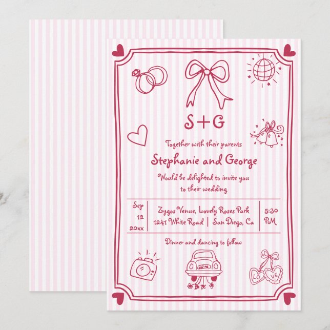 Rosa handgezeichnete Schnabeldoodle, Streifen Hoch Einladung (Vorne/Hinten)