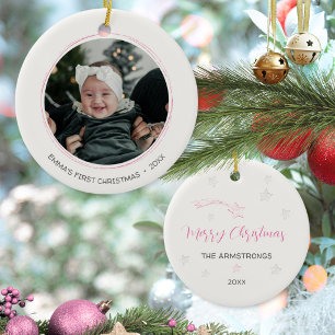 Rosa handgezeichnete Sterne Baby erstes Weihnachte Keramik Ornament