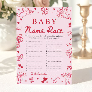 Rosa handgezeichnetes Babynamen-Rennen Baby Shower Einladung