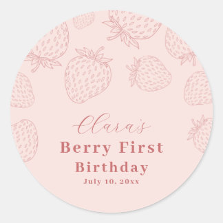 Rosa Handrawing Strawberry Erster Geburtstag Runder Aufkleber