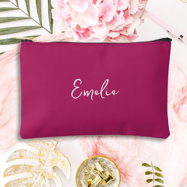Rosa-Handschrift-Monogramm Zubehörtasche (Hot pink script monogram accessory pouch make up bag or pencil case gift for her)
