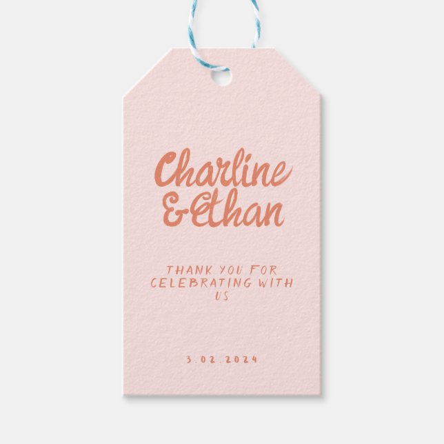 Rosa Handschrift Retro Hochzeitsticker Geschenkanhänger (Vorderseite)