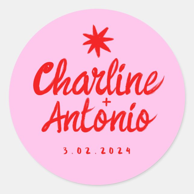 Rosa Handschrift RetroWedding rechteckige Aufklebe Runder Aufkleber (Vorderseite)
