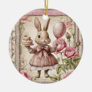 Rosa Happy Birthday Hase Keramik Ornament