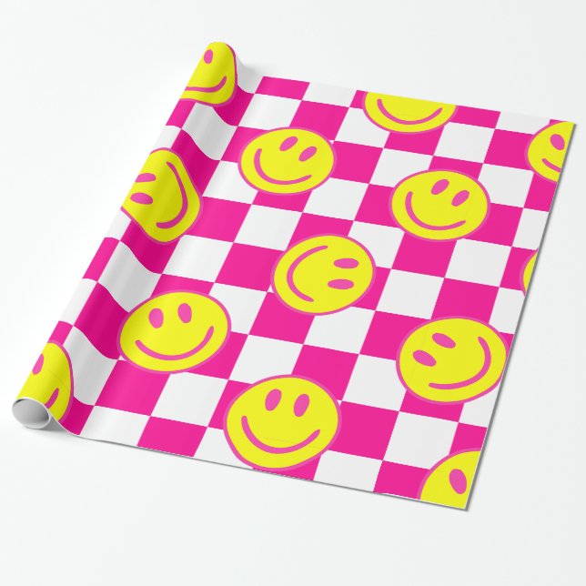 Rosa-Happy-Gesicht Karo Groovy Geschenkpapier (Ungerollt)