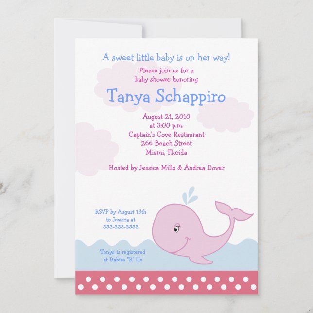 Rosa Happy Whale Baby Shower 12x18 Einladungen (Vorderseite)