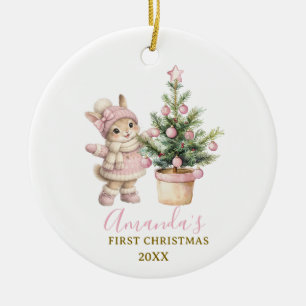 Rosa Häschen-Mädchen-Hase Erste Weihnachten-Andenk Keramik Ornament