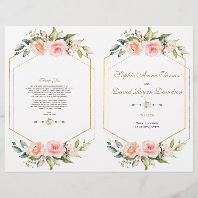 Rosa Hauch-Blumen Goldrahmen Hochzeitsprogramm (Vorne)