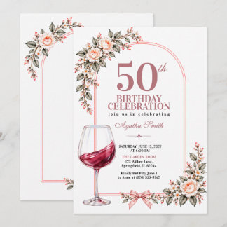 Rosa Hauch Boho Blumen Weinglas 50. Geburtstag Einladung