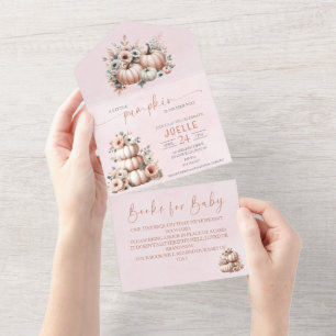 Rosa Hauch Herbst-Kürbis-Baby-Party All In One Einladung
