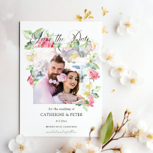 Rosa Hauch/Ivory-Wasserfarben-Rosen-Foto-Hochzeit Save The Date