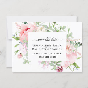 Rosa Hauch Pfingstrosen blühen Hochzeit Kalligrafi Save The Date