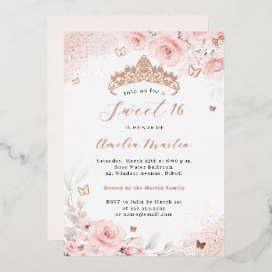 Rosa Hauch Roségold Schmetterling Sweet 16    Folieneinladung