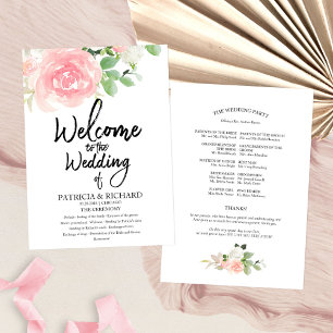 Rosa Hauch Rosen Florale Aquarell-Hochzeitsprogram Einladung