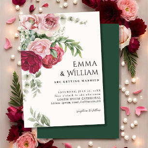 Rosa Hauch und Marsala-Rosen-Pfingstrosen-Hochzeit Einladung