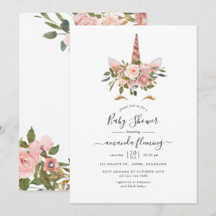 Rosa Hauch und Roségold Blumen Einhorn Baby Shower Einladung